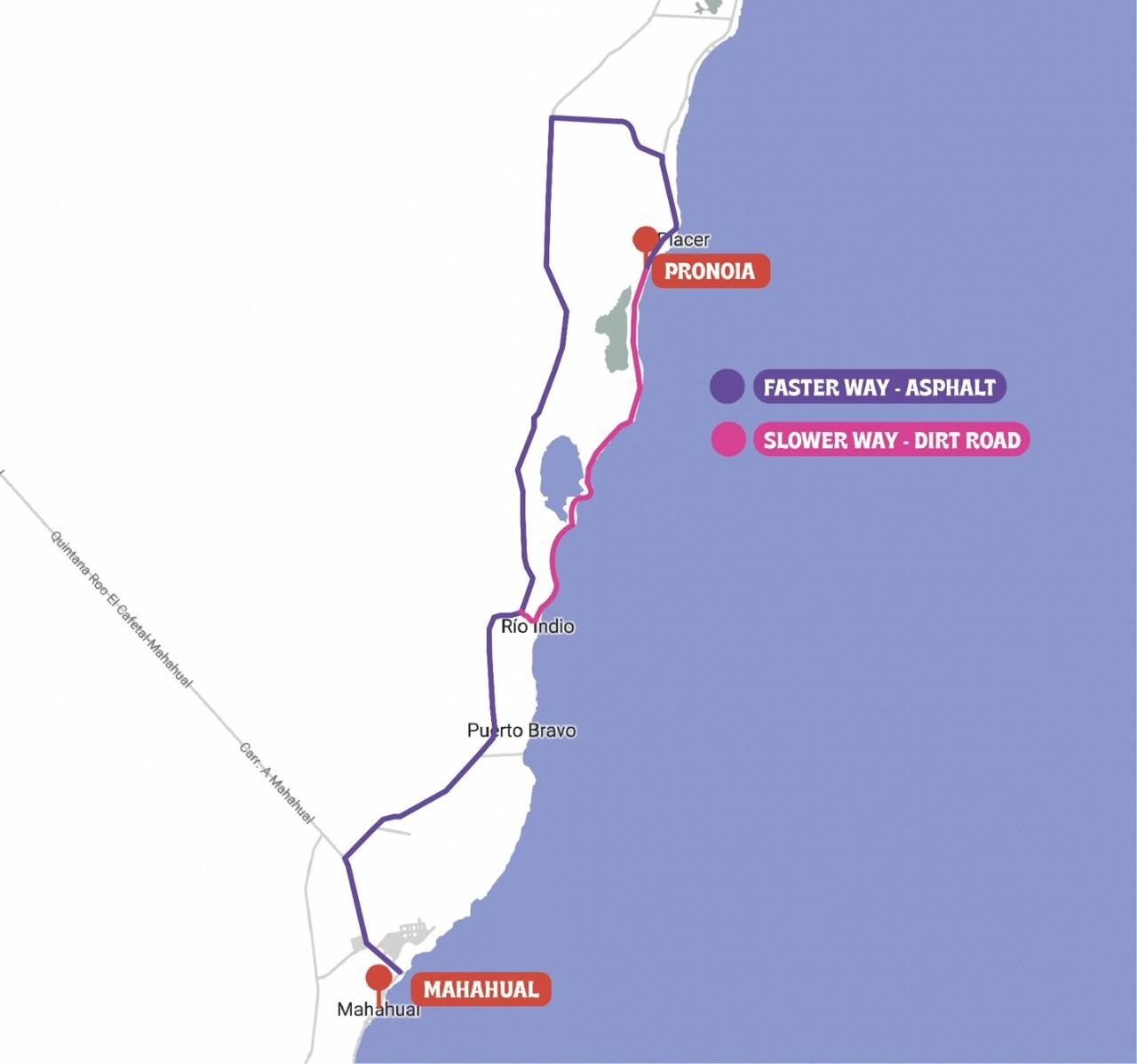 Map showing two routes from Mahahual to Pronoia: asphalt road (recommended) and dirt coastal road